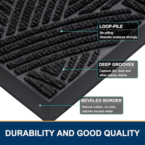Image of Smiry Front Door Mat Outside Entrance, Heavy Duty Sturdy Natural Rubber Doormat, Trap Dirt and Moisture, Easy Clean Low Profile Mats for Indoor Outdoor Entry, Interwoven Stripes 35x23, Black