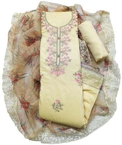 Image of Rubani Women's Heavy Chanderi Cotton Embroidery Work Unstitched Salwar Suit Dress Material With Organza Printed Dupatta(Free Size)