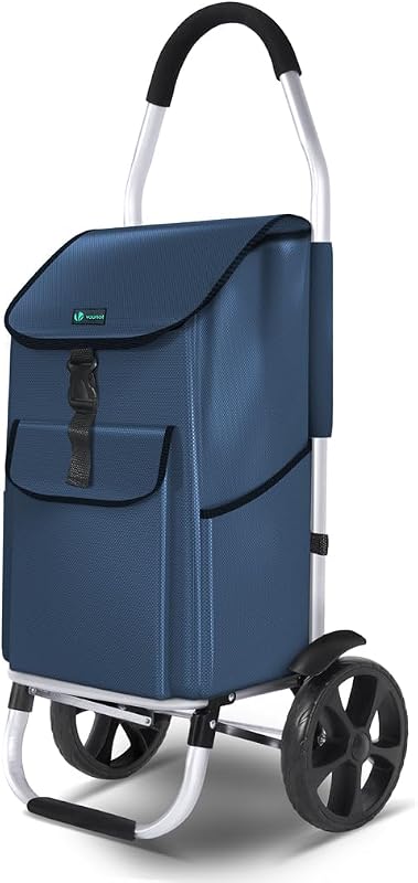 Cărucior de cumpărături pliabil din aluminiu VOUNOT, 58L, cu geantă impermeabilă, pentru urcat scări, 2 roți mari cu apărători de noroi, albastru marin