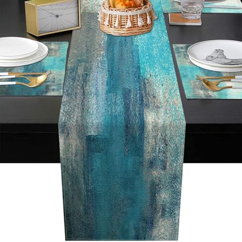 Artsocket TCL2023030108-ZQTZ-JP Farmhouse Table Runner And Placemats Set Of 6, Abstract Green Blue Grey Teal Painting Art Dining Table Decor thumb #4