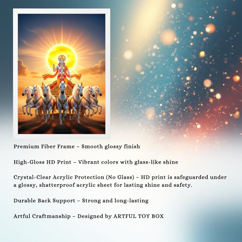 Image of ARTFUL TOY BOX - Surya Dev with Seven (7) Horses Photo Frame Wall Hanging | Divine Solar Chariot Rising Sun Design | Spiritual Surya Dev Artwork | Glossy HD Print | Premium White Fiber Frame | Devotional Home Decor - 12x18 Inch (30x45 cm)(Design 4)