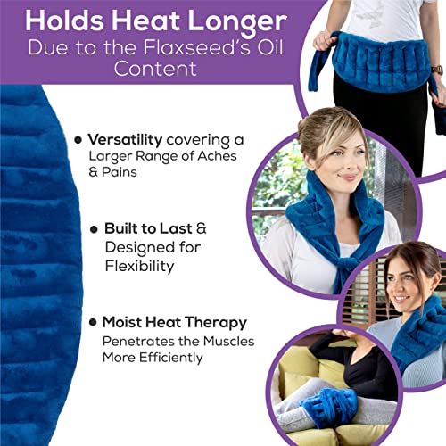 Image of Microwave Heating Pad for Back Pain Relief with 71 inch Ties /Straps to Secure Anywhere - Moist Heating Pad Microwavable Heat Wrap for Neck & Shoulders, Cramps - Flaxseed Rice Heat Packs Hot Bag (Med Blue)