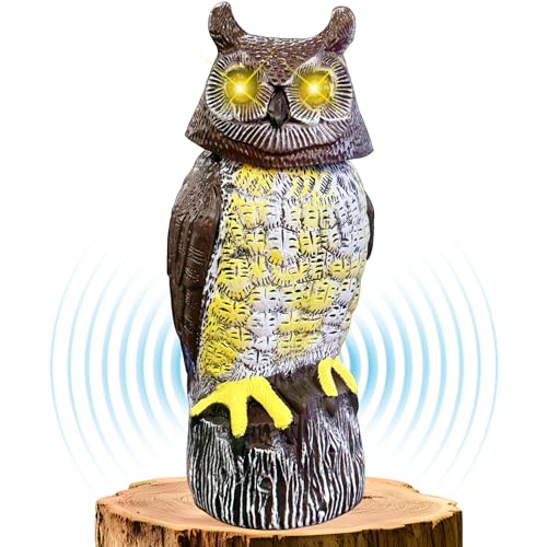 Ugold Solar Powered Owl with Motion Detection, Silent Mode, Flashing Eyes, Rotatable Head and Realistic Hoots, Plastic Owl Decoration for Home, Garden, Patio and Fence