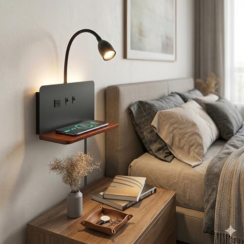 Bedside Wall Sconces with Wireless Charging Station & USB Charging, 3 Adjustable Color Temperatures LED Reading Light, 3000K Warm Ambient lighting Wall Mounted Sconce for Bedroom, Plug-in or Hardwired