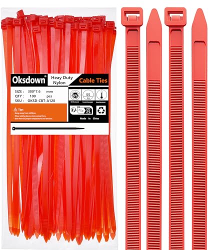 Oksdown 100 Pack Red Thick Cable Ties Heavy Duty Large 300mm×7.6mm Strong Nylon Plastic Self Locking 12 inch/30 cm Extra Long Zip Tie Wraps