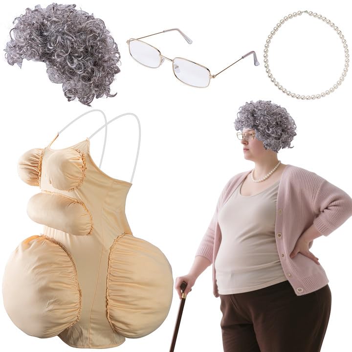 Mizelu 4 Pcs Halloween Fat Old Lady Costume, Fake Belly and Chest Fat Suit Includes Granny Wig Cap...