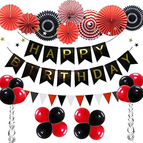 ADLKGG Red Black Birthday Party Supplies, Happy Birthday Banner with Balloons, Triangular Pennants, Hanging Swirls, Paper Fans, Circle Star Paper Garland for Mickey Mouse Pirate Theme Birthday Cover