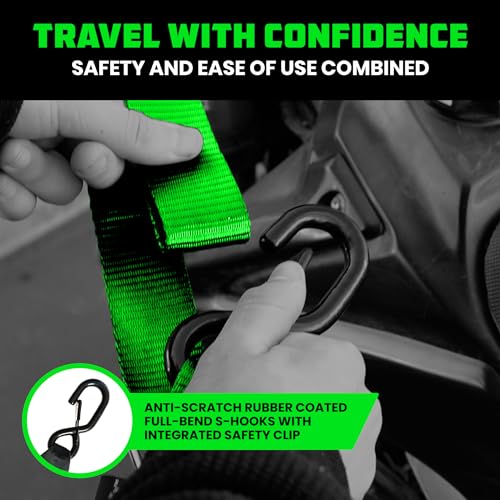 Image of Rhino USA Motorcycle Tie Down Straps (2 Pack) Lab Inspected 2,200lb Break Strength, Steel Cambuckle Tiedown Set with Integrated Soft Loops - Better Than a Ratchet Strap (Green 2-Pack)