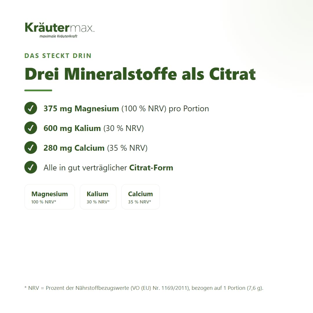 Kräutermax Basenpulver Citrat mit Mineralien Magnesium, Kalium und Calcium | Hochdosiert zum Einnehmen | Laktosefrei, Vegan und ohne Zucker | Pulver | 320 g