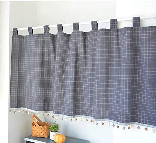 Yaland Élégant rideau à passants, à carreaux, avec bords boules, style maison de campagne, bistrot, avec embrasses, (H x l) 60 x 140 cm, gris, 1 pièce