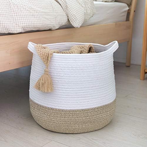 LA JOLIE MUSE 38 CM Large Cotton Rope Storage Basket with Handles, Versatile Organization and Storage Bin Organizer, Natural and Safe Laundry Basket, White & Desert