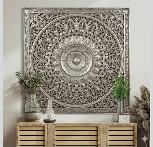 Image of ROYAL TRADERS Hand Carved Wooden Mandala Wall Panel | Vintage Floral Wall Art | Decorative Wooden Wall Hanging | Boho Home Decor Panel Large Wall Decor Panel, Wooden Carving Wall Hanging (GREY)