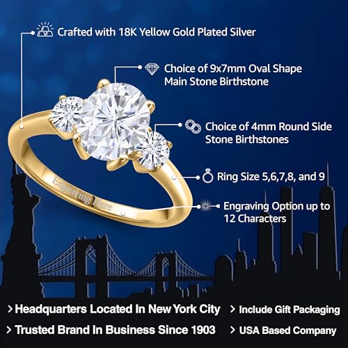 Gem Stone King 18K Yellow Gold Plated Silver Personalized and Customized Oval 9X7MM and Round 4MM Gemstone 3-Stone Birthstones Engagement Ring For Women2