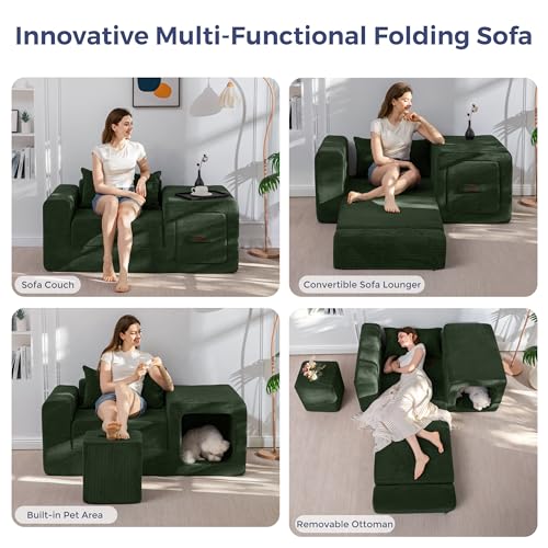 Image of MAXYOYO Folding Sofa Couch, Convertible Floor Sofa with Armrest, Multifunctional Sofa with Pillow and Pockets, Boneless Couch for Living Room, Dark Green