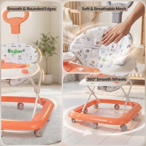 Image of Baybee Baby Walkers for 6-18 Month Baby Boy and Girl with Parental Handle | Interactive Musical Activity, Removable Play Panel & Feeding Tray, Breathable Soft Mesh Seat, Foldable Portable Design | Push Walker for kids (Pink)
