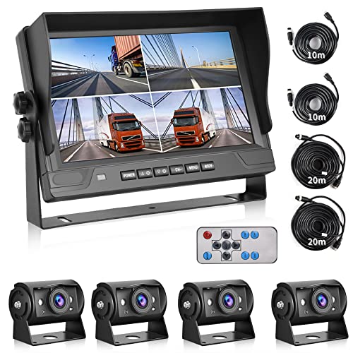 Hodozzy 1080P Rückfahrkamera 4 Kameras mit 9 Zoll DVR 4 Geteilte Monitor, 4 AHD Kameras IP68 Wasserdicht Nachtsicht, Vorder Seite Rück Kamera mit Kabel 2*10m+2*20m, für LKW Anhänger Wohnmobil Bus Van