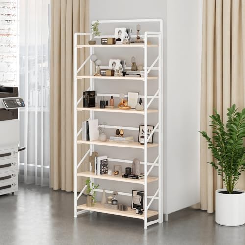 Image of JSB Folding Bookshelf,Industrial Storage Shelves, No Assembly Vintage Wood Look Bookshelf with Storage Shelves for Living Room, Bedroom, Office (White, Wide 6-Tier)