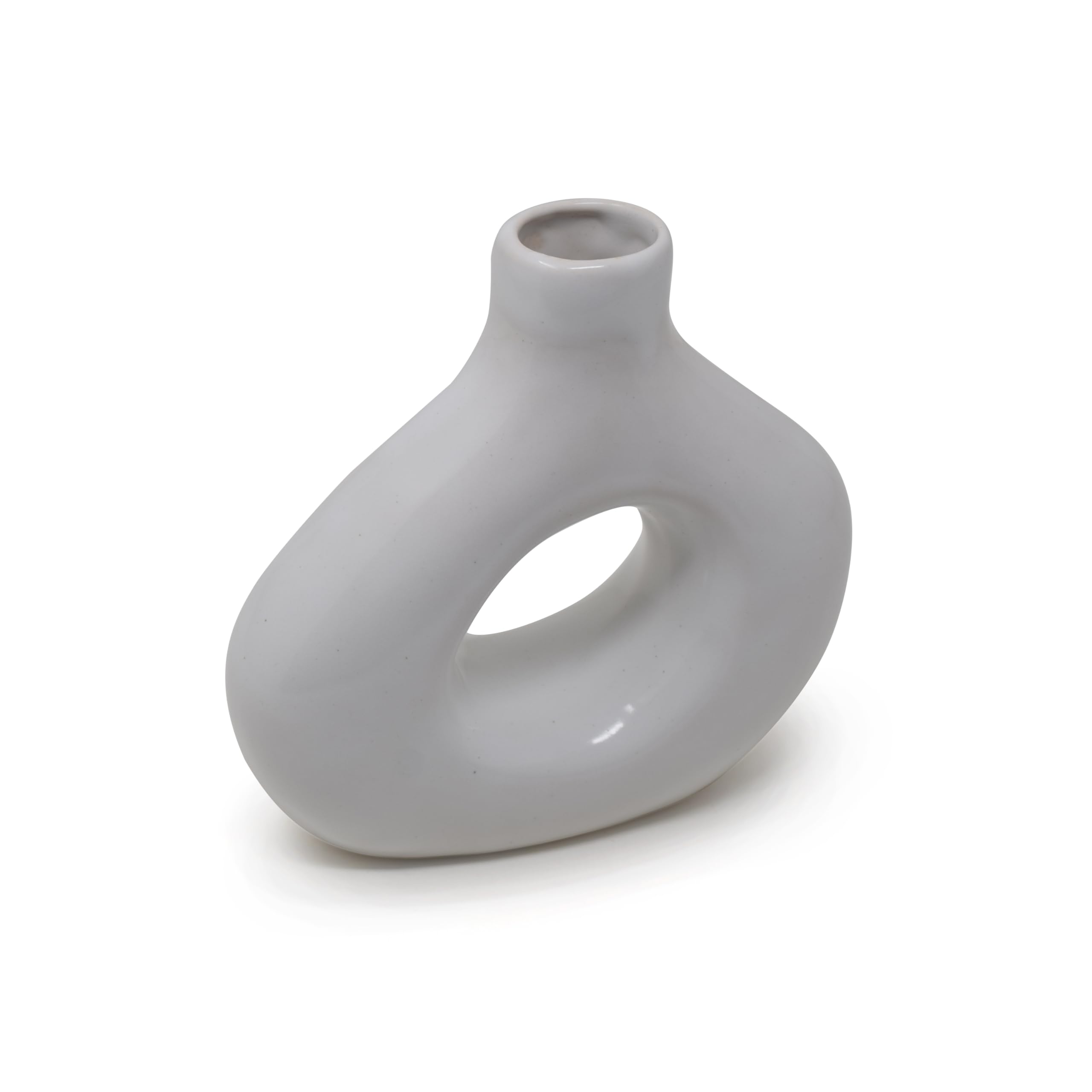 The Himalayan Goods Company Asymetric Ceramic Flower Bud Donut Vase 6 Inches for Plants Pampas Grass Home Decoration Items for Living Room Centerpiece Office Table (White) 1