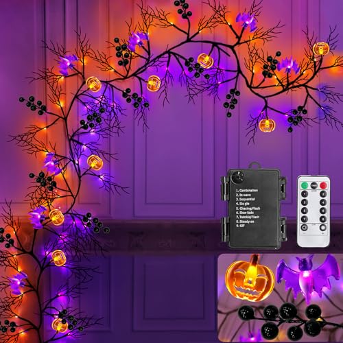 TURNMEON Remote Control Extra Long 9 Ft 72 LED Orange Purple Lights Halloween Willow Twig Decor Halloween Garland Timer 8 Modes Berries 12 Bat Pumpkin Lights Battery Halloween Decorations Indoor Home