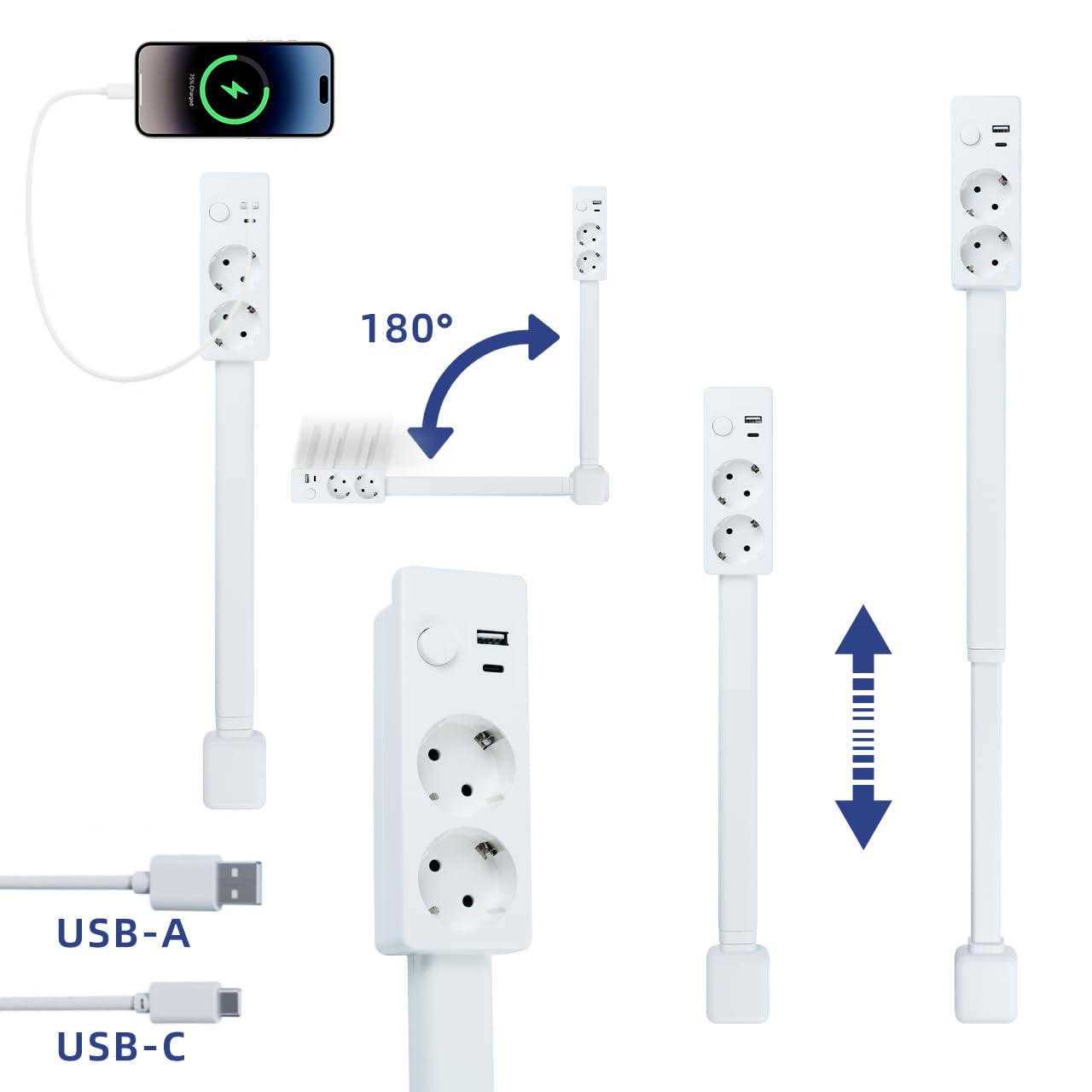 RPixc Enchufe giratorio extensible con 2 tomas de corriente AC, puerto USB-C y puerto USB-A, adecuado para sofás, mesitas de noche y respaldos de sofás — view 5