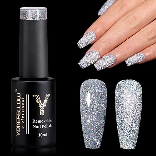 Yoke Fellow Reflective Glitter Gel Nail Polish, Silver Flash Dimond Sparkly Shiny Gel Nail Polish Uv Led Nail Art Gel For Manicure Diy And Nail Salon 10Ml #TOP10
