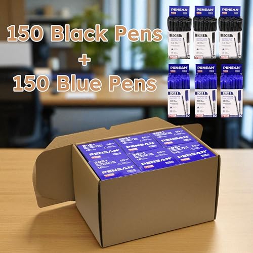 Image of PENSAN Ballpoint Pens Bulk Pack, 300-Count - (150 Black & 150 Blue) Ink Pens, 1.0mm Medium Point, Ergonomic Triangle Grip, Smooth Writing