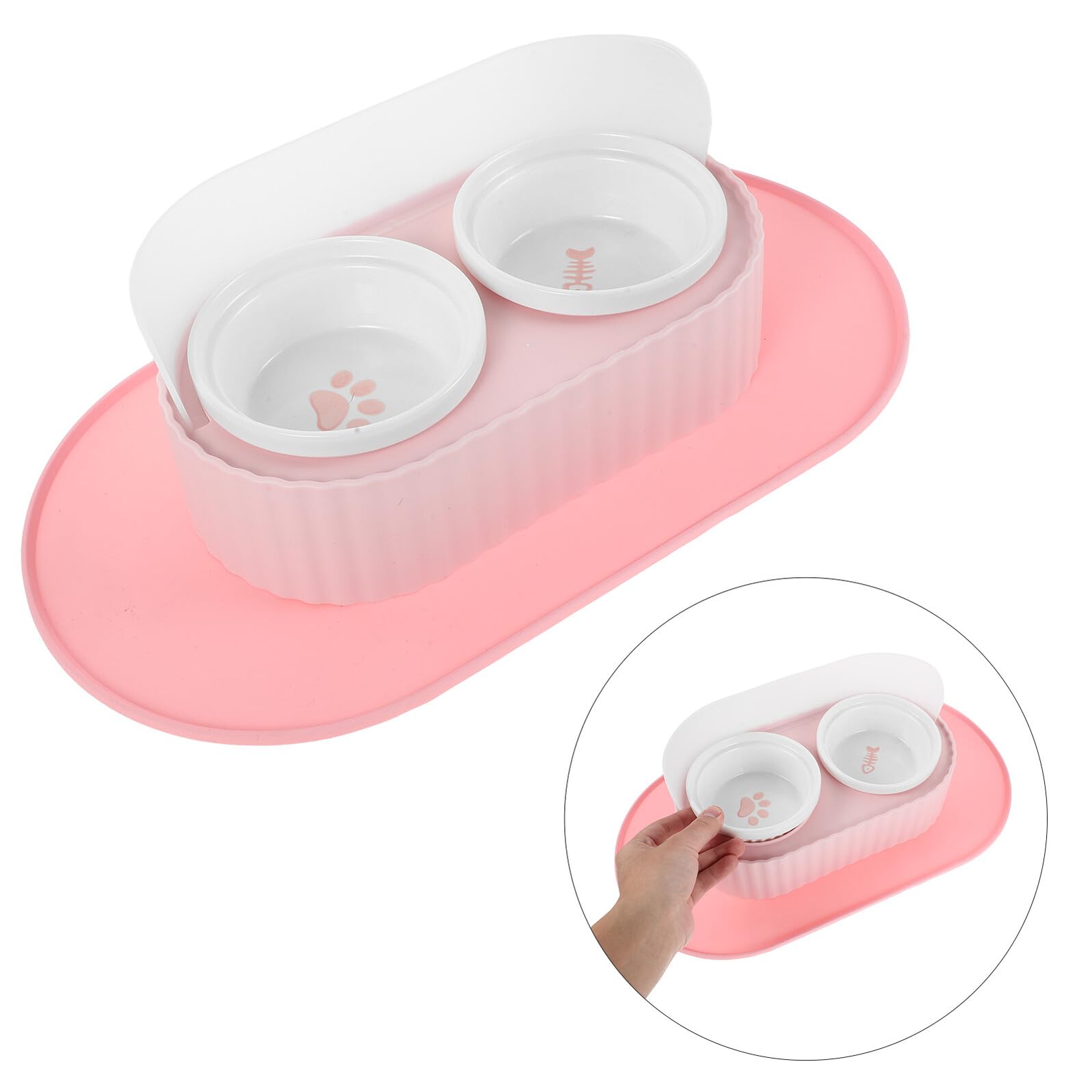 HEMOTON Gamelle Double Surélevée en Céramique 350 ML avec Support Antidérapant et Tapis Imperméable, Bol pour Chat Rose Sakura, Alimentation Eau et Nourriture, pour Chatons et Petits