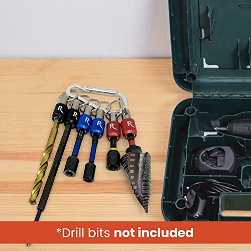 Raptor Industries Professional Bit Holder 1/4 Inch Hex Shank For Impact Drill Bits Quick-Change, Grippy One Handed Operation With Carabiner. 6 Pack With 3 Colours #TOP6