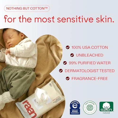 Image of Raan, 100% Cotton Baby Wipes, Unbleached, 99% Purified Water, Fragrance Free, EWG verified, Made for Sensitive Skin, Naturally Soft and Durable, 12 pack, 720 Count