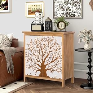 Mfstudio wood accent storage cabinet with 2 doors farmhouse tree pattern decorative cabinet buffet sideboard display cabinet for entryway living room  urban country home decor