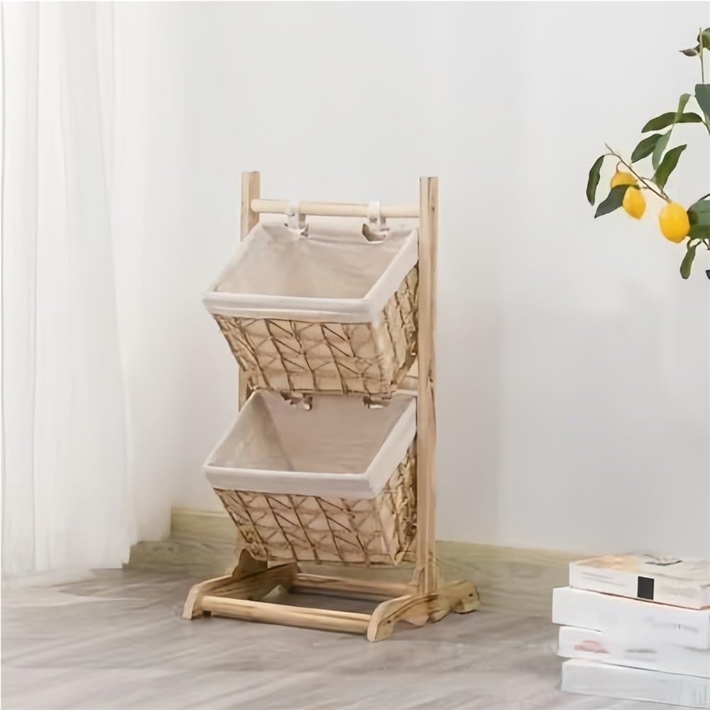 Rattan Hanging Basket, Multi-Layer Paulownia Wood Storage Rack, Floor-Standing Home Shelf, Bathroom Tiered Basket Stand, Free Standing Basket Storage Tower(Small)