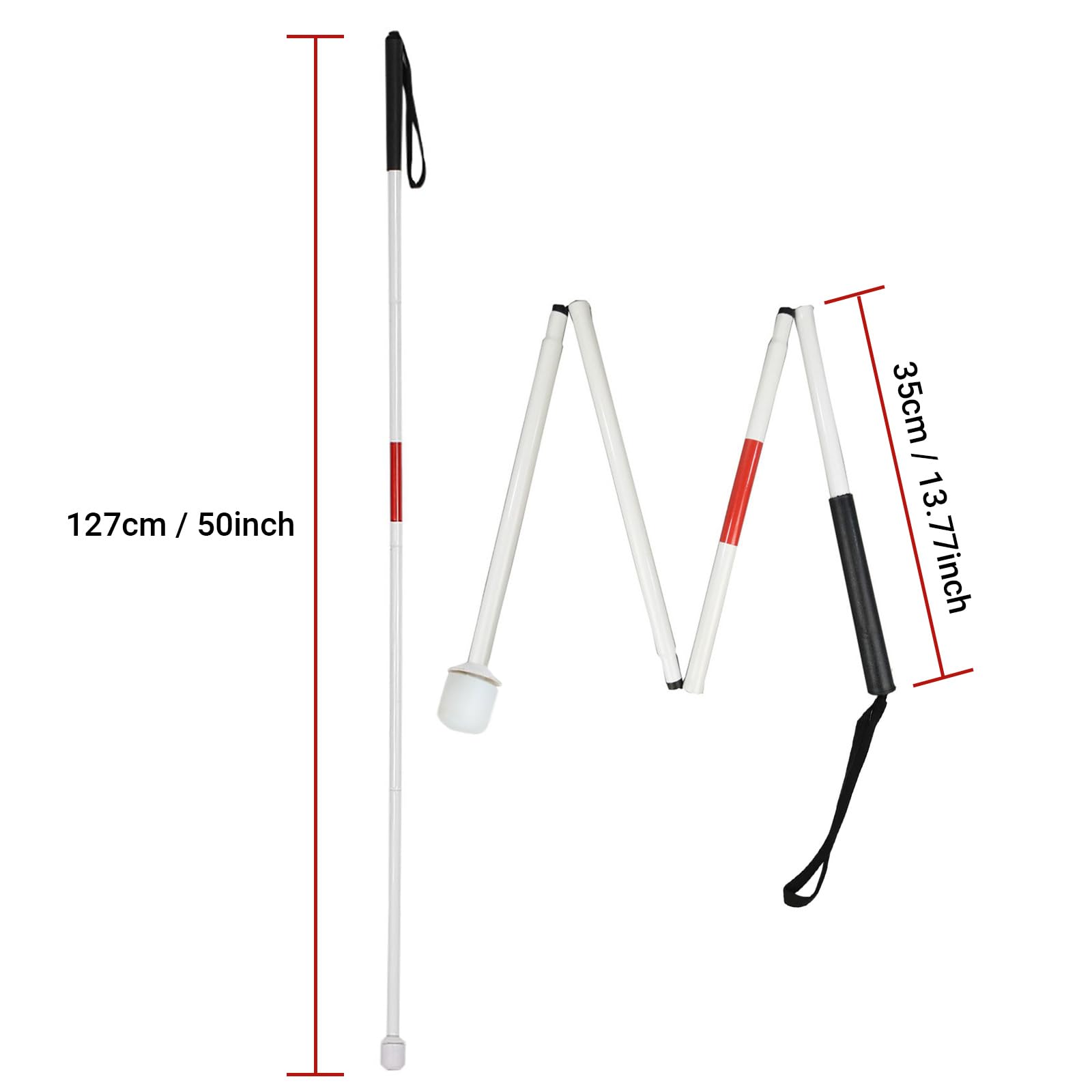 Bastone bianco da passeggio pieghevole in alluminio con 4 sezioni, Aid Walking Sticks, bastone da passeggio portatile, regolabile Per non vedenti e persone con mobilità ridotta