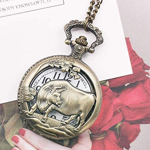 LXLH Reloj de Bolsillo y Cadena, envío Directo Reloj de Bolsillo Fob Reloj de Cadena Tallado de Animales Reloj de Bronce para Hombre Reloj Vintage para Hombre Relojes para Hombre Regalos, Ganado Cover