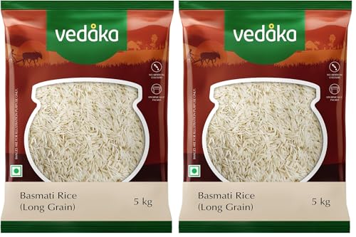Image of Amazon Brand - Vedaka Basmati Rice | 5 Kg | Long Grain | Super Basmati Rice | Aromatic Fragrance| Average Cooked Rice Length More Than 12mm (Pack of 2)