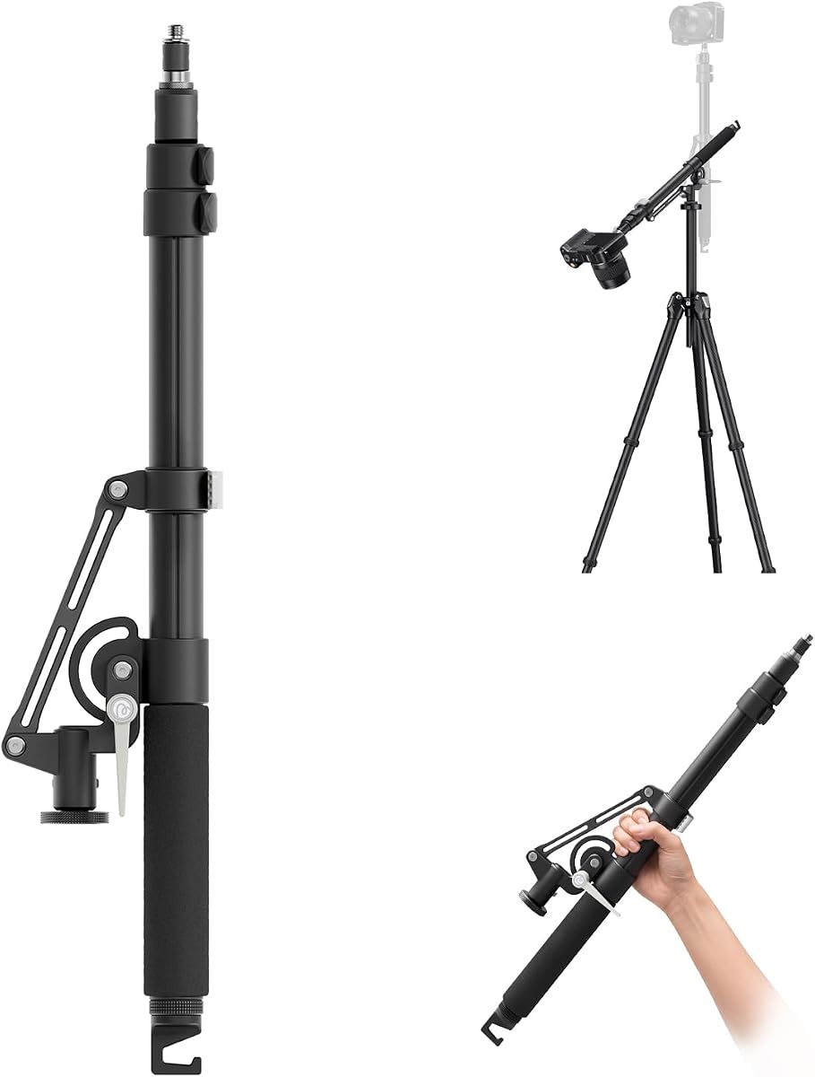 ULANZI TH09 Barra de extensión de trípode con soporte de luz y brazo articulado para cámara de 52,7" | Se extiende de 22,8 a 52,7" | Inclinación de 0°-135° para filmación aérea | Espiga doble de 1/4" y 3/8" | Soporte resistente de aleación de aluminio de 11 lb.