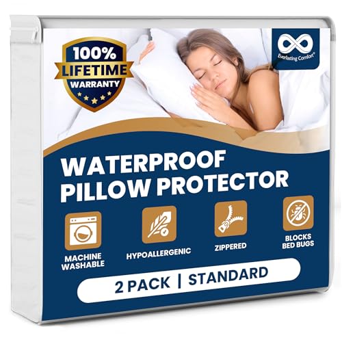 100% Stain Resistant & Waterproof Standard Size Pillow Protectors with Zipper Set of 2 - Bed Bug & Dust Mite Proof White Pillowcases - Breathable, Comfortable Covers for Pillows, 21 x 27 Inches