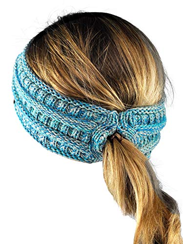 C.C Cable Knit Fuzzy Lined Ear Warmer Ponytail Pony Headband, Turquoise Mix