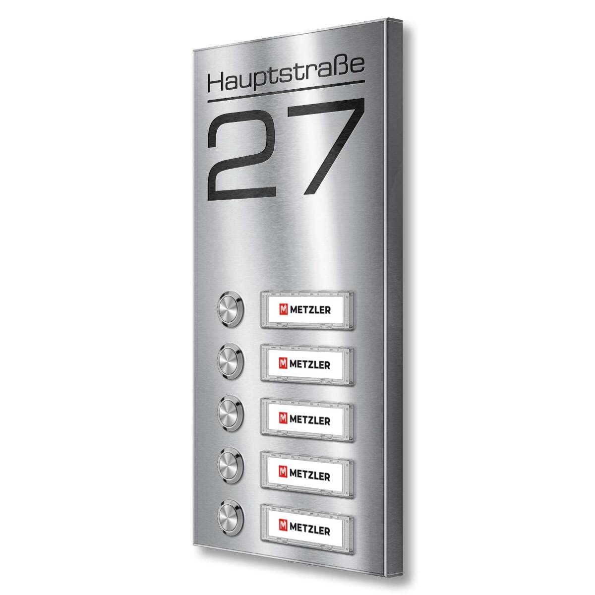 Sonnette sans fil en saillie Metzler pour immeubles – inox V2A – plaques nominatives interchangeables – gravure incluse (nom de rue) – bouton-poussoir LED au choix – 5 boutons | Tara M5