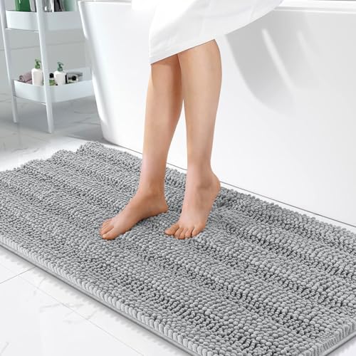 Image of OLANLY Thick Bathroom Runner Rugs 47x24, Extra Absorbent Chenille Striped Bath Rugs, Rubber Backing, Machine Wash Dry, Long Bath Mats for Bathroom, Tub and Shower, Home Decor Accessories, Light Grey