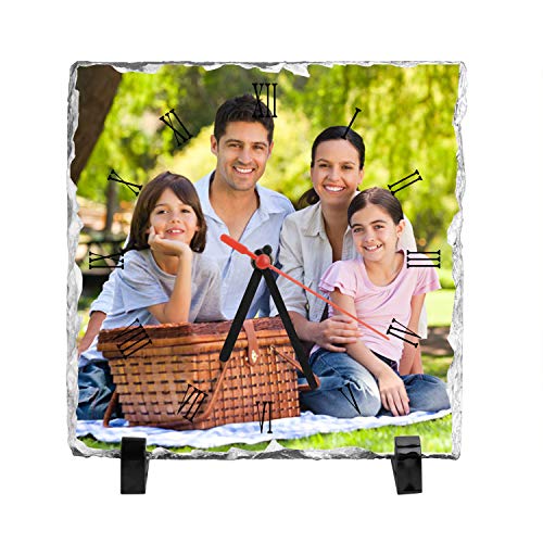 Cadre Photo avec Horloge Personnalisé avec Votre Photo Image, DIY Horloge à Photo et Cadre Photo en Pierre Personnalisé Plaque de Support Photo, Cadeau Noël/Anniversaire pour Famille, 20*20*0.9CM