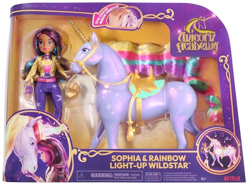 Academia Unicornio - Muñeca Sophia, Figura Interactiva Estrella 'Wildstar' con Luces y Sonidos + Accesorios - Unicornios para Niñas - Juguetes Niña 4 años +