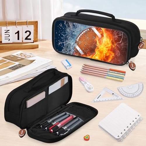 Image of American Football Pencil Case for Boys - Large Pencil Pouch for Boys with Zipper Compartments & Handle - Big Capacity Pen Organizer Box Bag for Kids Teens School Supplies