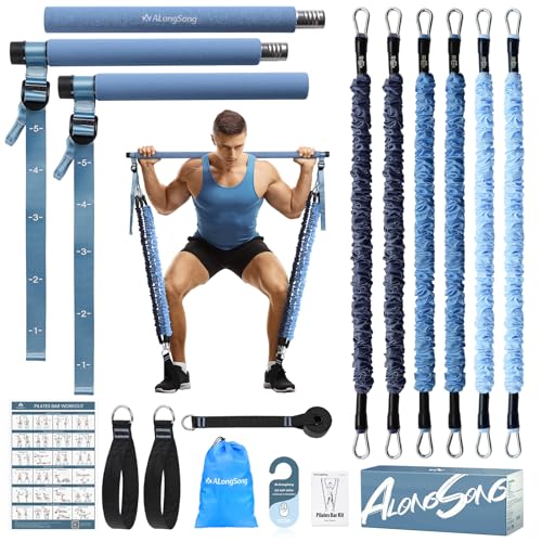 ALongSong Fitnessbänder Set mit 6 Widerstandsbänder 20-180Lbs oder 20-240Lbs & Pilates-Stange, Griffe, Türanker für Fitness Widerstandsbänder Krafttraining Fitnessgeräte für Zuhause