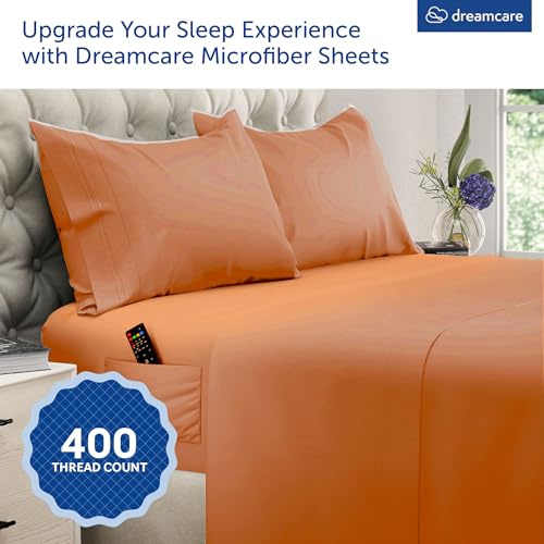 Image of DREAMCARE Queen Sheet Set - 4 pcs Breathable Cooling Sheets - up to 21 inch Extra Deep Pocket Queen Sheets Set with Side Pockets - Extra Soft 100% Brushed Hypoallergenic Hotel Luxury Bedding, Terracota