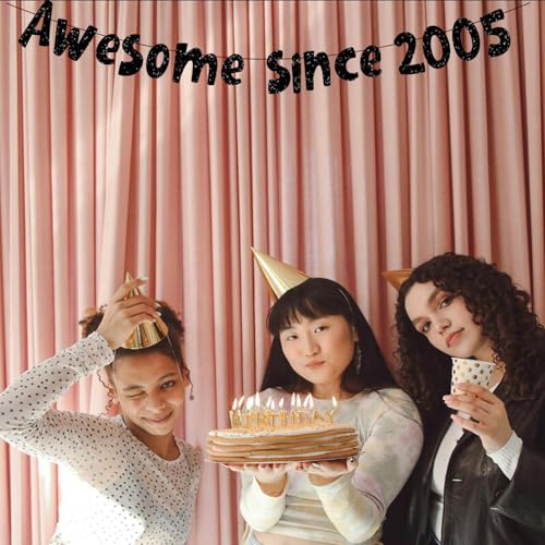Image of Awesome Since 2005 Banner, Pre-Strung Glitter Black 20th Birthday Banner, Funny 20th Birthday Decorations for Men Women 20 Years Old, Vintage Happy 20th Birthday Party Anniversary Supplies Gifts Ideas