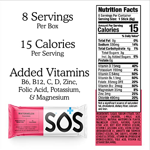 Image of SOS Hydration Electrolyte Powder Sticks | Low Sugar Rapid Hydration | Keto Friendly (8 Servings, Watermelon) (Pack of 2)