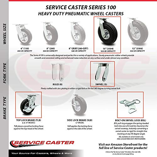 10 Inch Swivel Pneumatic Casters Set of 4 - Black Rubber Wheels - Includes 2 Swivel with Brakes and Bolt on Swivel Locks and 2 Rigid -Heavy Duty Casters-1,400 lbs. Total Capacity- Service Caster Brand - Thumbnail 4