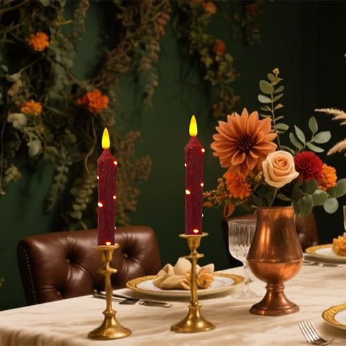 Image of 6.5 Inches Primitive Real Wax LED Flameless Short Candlesticks Hand Dipped Battery Operated Taper Candles with Timer Remote Candles for Christmas Vintage Rustic Home Decor, Pack of 2(Red)