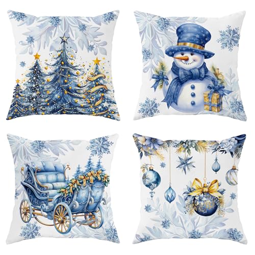 SEGXCFL Velvet Christmas Pillow Covers 18x18 Blue Throw Pillow Set of 4 Tree Snowman Winter Holiday Decorations for Home Couch Cushion