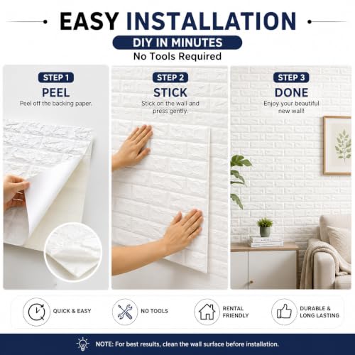 Image of Barebeauty 3D Wall Panel Wallpaper, Self Adhesive PE Foam Brick Sticker, Waterproof Peel & Stick Wall Covering for Home, Bedroom & Living Room Decor, 70 x 77 cm (Pack of 40, 232 Sq. Ft. Approx)
